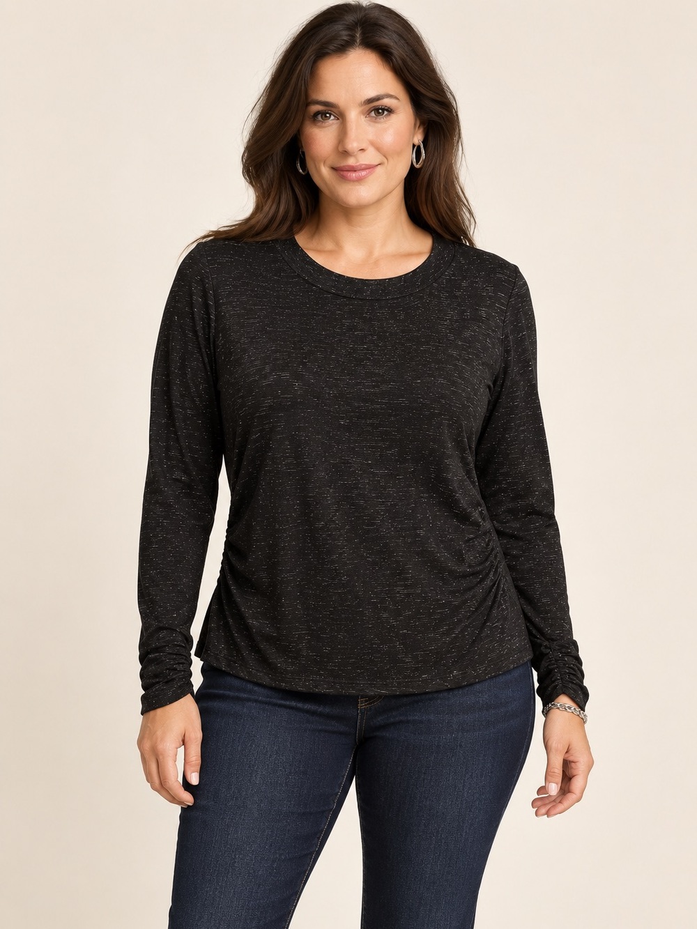 Democracy Black Silver Lurex Ruched Long Sleeve Crewneck Top
